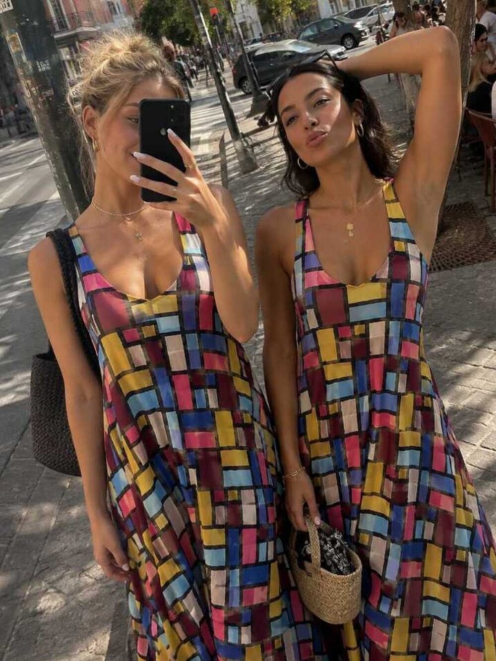 Women's Geometric Grid Print Maxi Dress Sleeveless Scoop Neck A-Line Casual - Picture 5 of 5